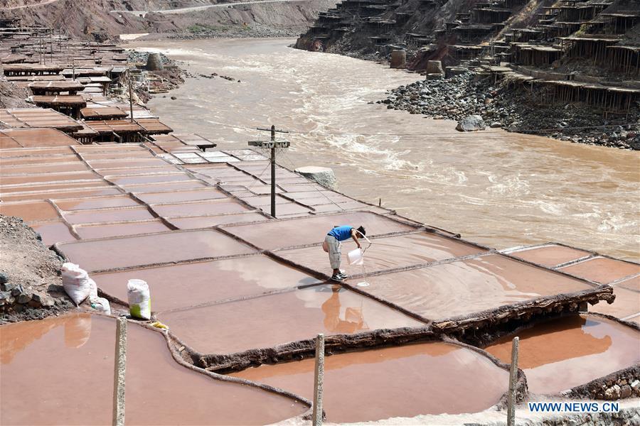 A villager pours brines into saline fields in Mangkam County, southwest China\'s Tibet Autonomous Region, May 22, 2019. An ancient technique of salt production since Tang Dynasty (618-907) is well-preserved in Mangkam County. Local people follow a salt harvesting method by collecting brines from salt mines and ponds and evaporating them in the sun until crystallization. (Xinhua/Li Xin)