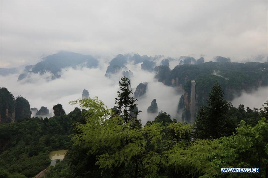 Aerial photo taken on May 25, 2019 shows the 326-meter-high Bailong Elevator, the world\'s highest outdoor elevator, shrouded by fog at the Wulingyuan Scenic Area in Zhangjiajie, central China\'s Hunan Province. (Xinhua/Wu Yongbing)