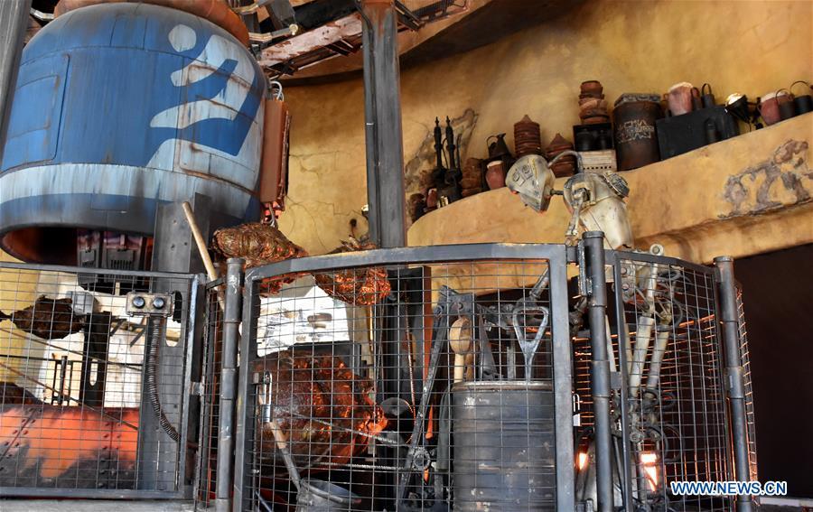 Photo taken on May 28, 2019 shows a robot roasting meat inside \