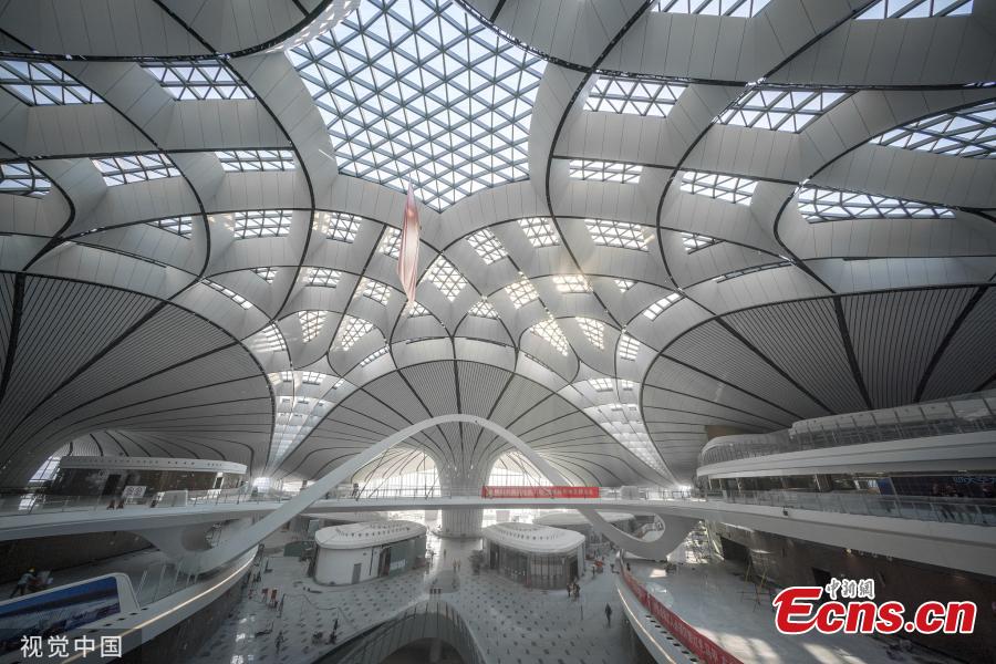 An inside view of the Beijing Daxing International Airport in Beijing on June 1, 2019. The airport will be put into operation before Sept. 30, according to the country\'s civil aviation authorities. Interior decorating and the installation and testing of electromechanical equipment are underway and will be completed this month. (Photo/VCG)