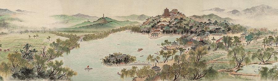 A section of Spring of Capital, from the collection of Beijing Fine Art Academy. (Photo provided to China Daily)

The institution is dedicated to developing and collecting works from the Beijing school of painting.

The ongoing exhibition showcases long scrolls of classic ink paintings which depict construction projects from the 1950s, such as the Shisanling Reservoir in northern Beijing.

Another highlight is the 46-meter-long Spring of Capital, a work of six painters from the academy and bearing an inscription by Guo Moruo, a prominent author and historian. The painting was completed in 1959 in celebration of the 10th anniversary of the founding of People\'s Republic of China.

Other paintings on display are those produced as part of two ongoing creative projects jointly initiated by the academy and the Beijing Artists Association.

The projects, Beijing\'s Charms, which will run for six years, and Beijing Images, which will run for 10 years, want artists involved to create works which document the capital\'s renewing cityscape, for example the new Daxing International Airport set to open soon and preparations for the Beijing 2020 Winter Olympics.