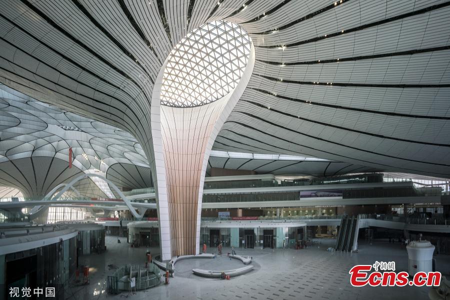 An inside view of the Beijing Daxing International Airport in Beijing on June 1, 2019. The airport will be put into operation before Sept. 30, according to the country\'s civil aviation authorities. Interior decorating and the installation and testing of electromechanical equipment are underway and will be completed this month. (Photo/VCG)