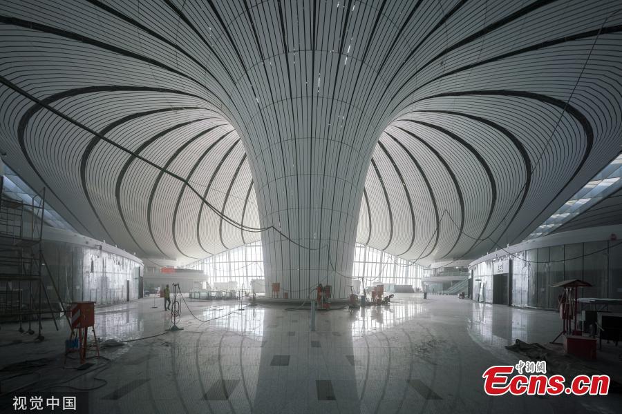 An inside view of the Beijing Daxing International Airport in Beijing on June 1, 2019. The airport will be put into operation before Sept. 30, according to the country\'s civil aviation authorities. Interior decorating and the installation and testing of electromechanical equipment are underway and will be completed this month. (Photo/VCG)