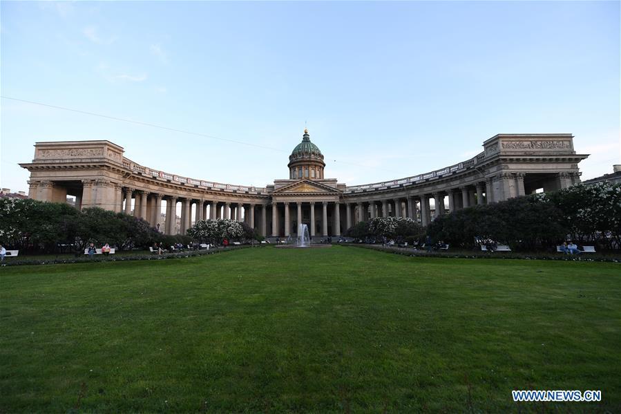 Photo taken on June 3, 2019 shows the Kazan Cathedral in St. Petersburg, Russia. St. Petersburg is Russia\'s second largest city. (Xinhua/Sadat)