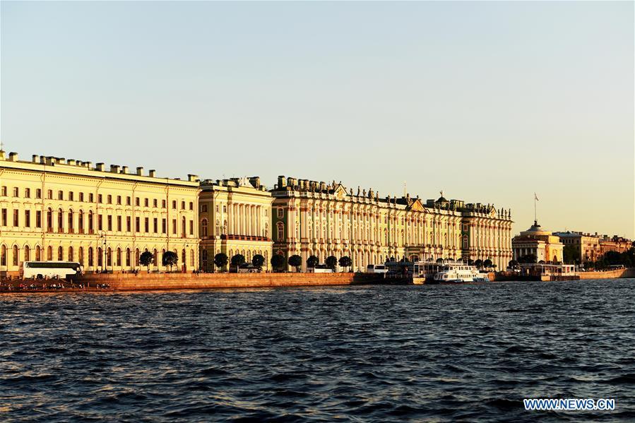 Photo taken on June 4, 2019 shows buildings by the Neva river in St. Petersburg, Russia. St. Petersburg is Russia\'s second largest city. (Xinhua/Sadat)