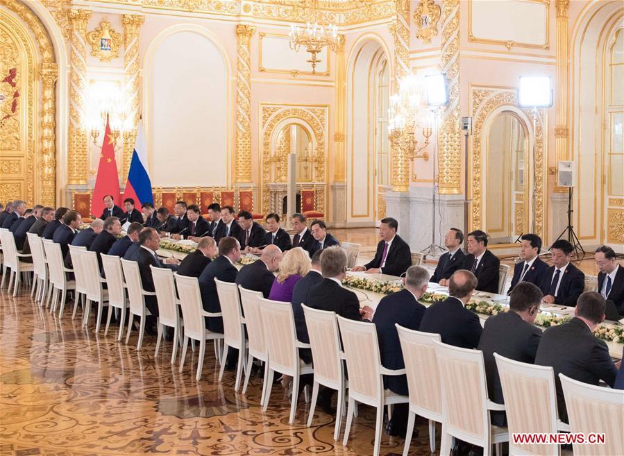 Chinese President Xi Jinping and his Russian counterpart Vladimir Putin hold talks at the Kremlin in Moscow, Russia, June 5, 2019. (Xinhua/Li Xueren)
