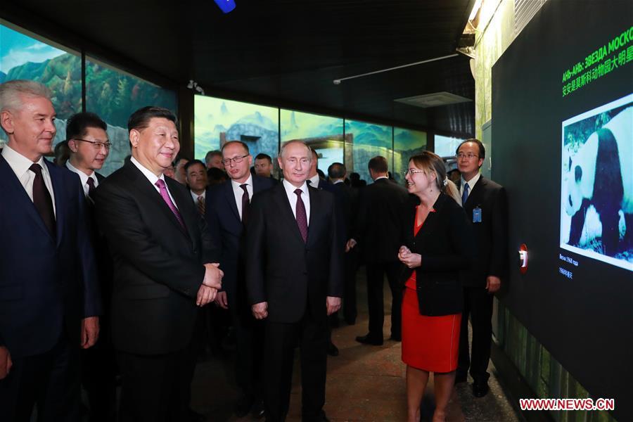 Chinese President Xi Jinping and his Russian counterpart Vladimir Putin attend the inauguration ceremony of the panda house in Moscow Zoo, after their talks in Moscow, Russia, June 5, 2019. Xi Jinping held talks with Vladimir Putin at the Kremlin in Moscow on Wednesday. (Xinhua/Ding Lin)
