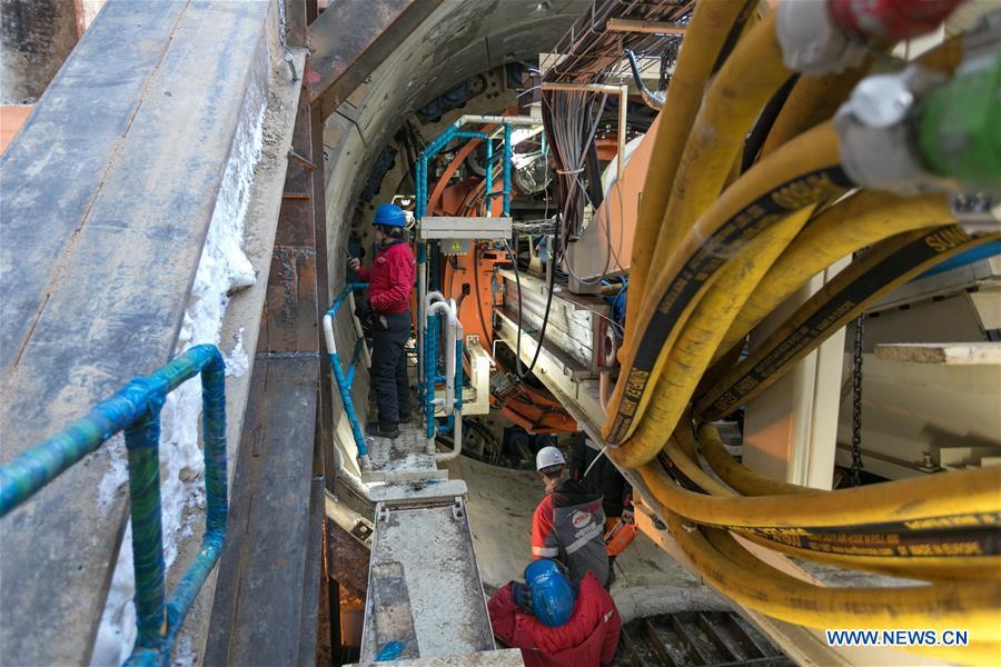 People work inside a Tunnel Boring Machine (TBM) in Moscow, capital of Russia, Jan. 25, 2019. Since August 2017, China Railway Construction Corporation Limited (CRCC) has been building a 4.6-km section and three stations on the \
