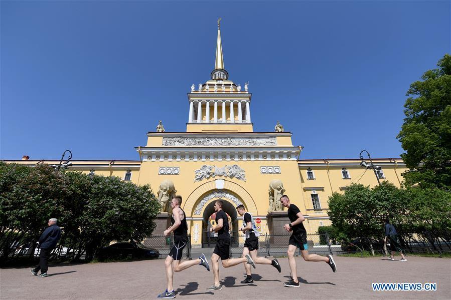 Photo taken on June 4, 2019 shows the Admiralty building in St. Petersburg, Russia. St. Petersburg is Russia\'s second largest city. (Xinhua/Sadat)