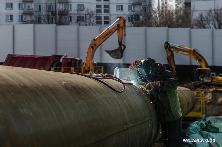 A worker is seen at the construction site of a subway station in Moscow, capital of Russia, April 5, 2019. Since August 2017, China Railway Construction Corporation Limited (CRCC) has been building a 4.6-km section and three stations on the \