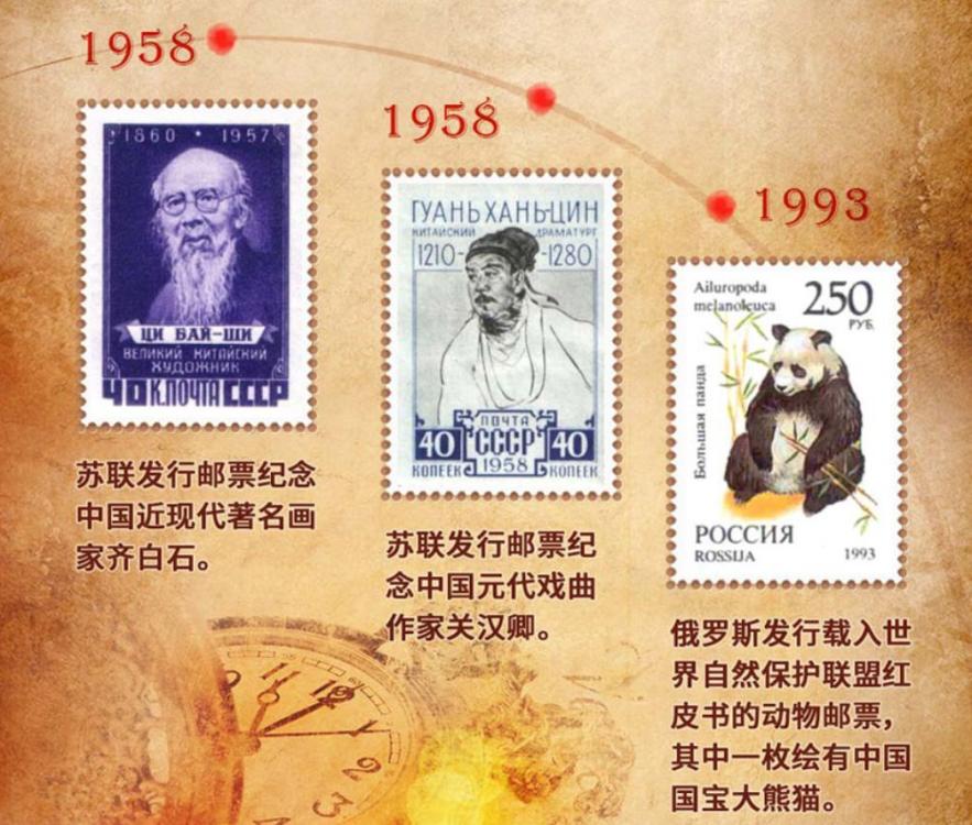 In 1958, the former Soviet Union issued two stamps featuring well-known contemporary painter Qi Baishi and renowned ancient Chinese Yuan Opera composer Guan Hanqing respectively. In 1993, a panda stamp were issued in Russia.  (Photo/China Plus)