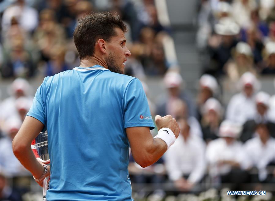 Dominic Thiem of Austria reacts during the men\'s singles final with Rafael Nadal of Spain at French Open tennis tournament 2019 at Roland Garros, in Paris, France on June 9, 2019. (Xinhua/Han Yan)