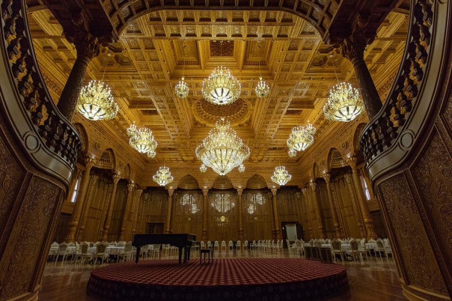 Photo taken on April 14, 2019 shows a banquet hall in the Kohi Navruz (Navruz Palace) in Dushanbe, Tajikistan. The building has 12 halls, each of which is made in a unique style.