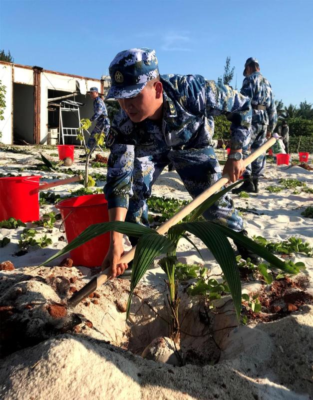 A sailor plants a coconut sapling. (CAI SHENGQIU/FOR CHINA DAILY)

Zhang remembers the night Typhoon Ketsana hit in 2009. The tides and winds destroyed the camp\'s walls and smashed the windows of the room in which he and his comrades were sleeping.

They awoke to find themselves floating in the water, and a sailor named Zhao Jianyun sustained a 10-centimeter gash to his stomach when he was hit by a shard of glass.

The electricity was cut off, and the sailors were unable to open the door because the wind was too strong. Working in the dark, they eventually managed to open the door by pulling on a thick rope around the handle, and then tied large rocks to themselves and crawled to the medical center.

\