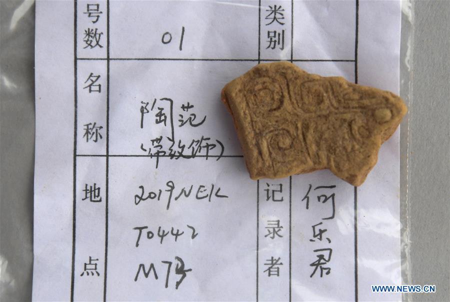 A relic unearthed from the family tomb of bronzeware artisans of the Shang Dynasty is displayed in Anyang, central China\'s Henan Province, June 5, 2019. Archaeologists in central China\'s Henan Province said they have identified 42 tombs unearthed since 2017 to be a family tomb of bronzeware artisans dating back over 3,000 years. (Xinhua/Li An)