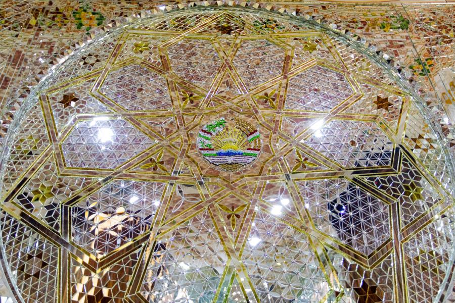 Photo taken on April 14, 2019 shows a decorated wall in the Kohi Navruz (Navruz Palace) in Dushanbe, Tajikistan. (Photo/Xinhua)