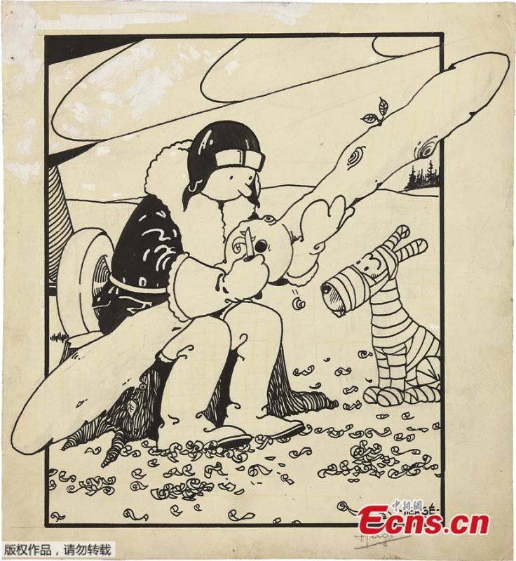 An original drawing used for the first published Tintin cover was sold at auction on June 8 in Dallas for US$1.12 million. The identities of seller and buyer have not been released. The illustration, by Tintin creator Herge, shows the plucky young reporter sitting on a tree stump carving a makeshift propeller for his plane after the original was damaged in a rough landing somewhere in the Soviet Union. (Photo/Agencies)