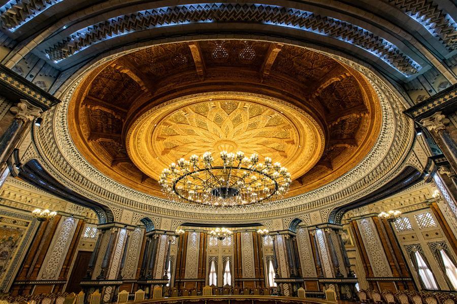 Photo taken on April 14, 2019 shows a conference hall in the Kohi Navruz (Navruz Palace) in Dushanbe, Tajikistan. The building has 12 halls, each of which is made in a unique style. (Xinhua/Bai Xueqi)