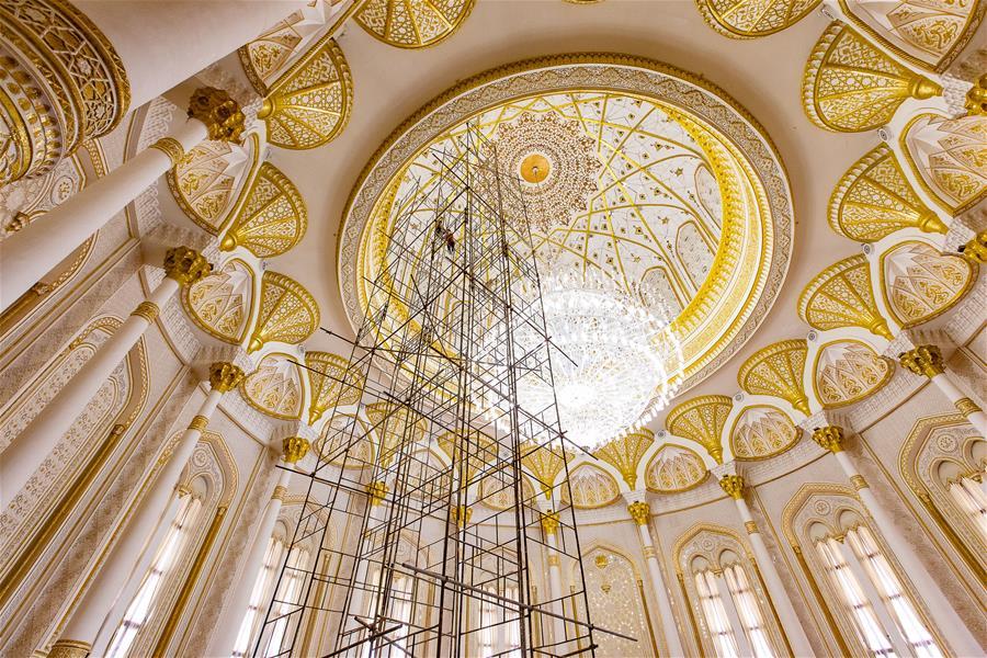 Photo taken on April 14, 2019 shows a hall in the Kohi Navruz (Navruz Palace) in Dushanbe, Tajikistan. The building has 12 halls, each of which is made in a unique style. (Xinhua/Bai Xueqi)