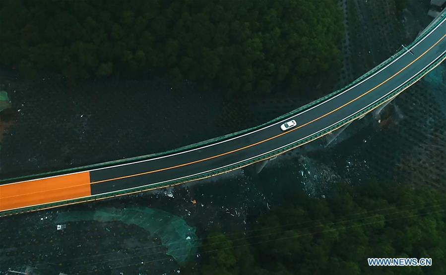 Aerial photo taken on June 11, 2019 shows a car running on the highway linking Zhalonggou with Nianbo Township in northwest China\'s Qinghai Province. A 50.79-km highway linking Zhalonggou and Nianbo Township in Qinghai Province opened to the traffic on Tuesday. (Xinhua/Zhang Hongxiang)