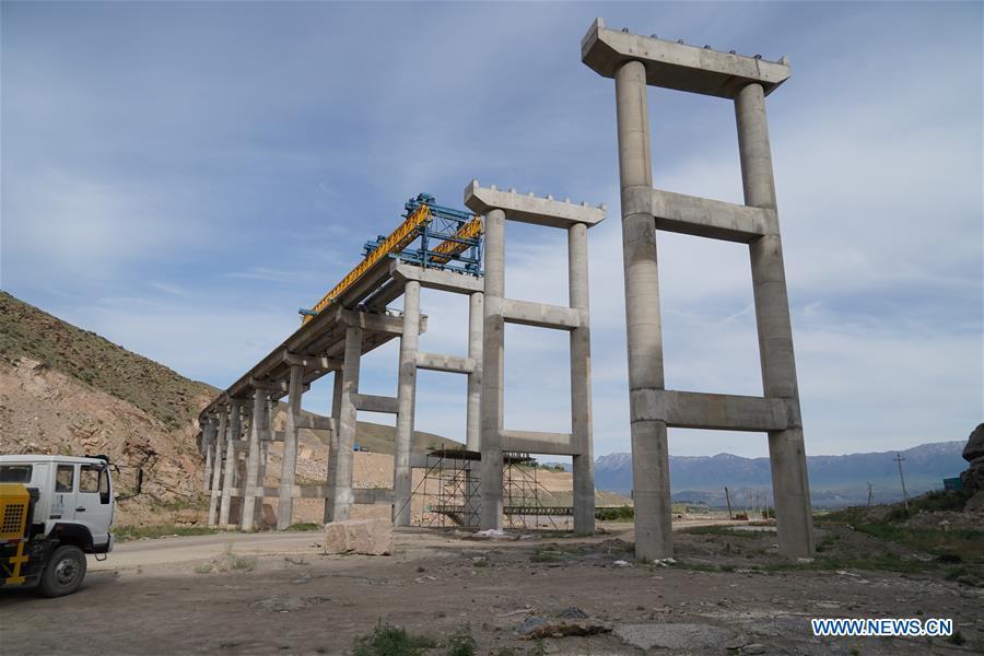 Photo taken on May 23, 2019 shows the construction site of a bridge for a road built by a Chinese company in Jalal-Abad, Kyrgyzstan. (Xinhua/Ma Xiaocheng)