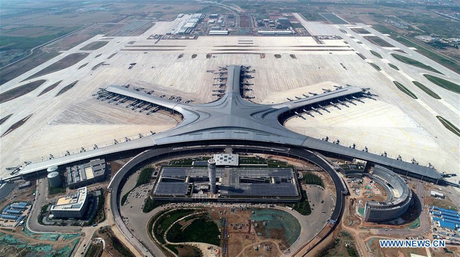 Aerial photo taken on June 12, 2019 shows the Qingdao Jiaodong International Airport under construction in Qingdao, east China\'s Shandong Province. (Xinhua/Li Ziheng)