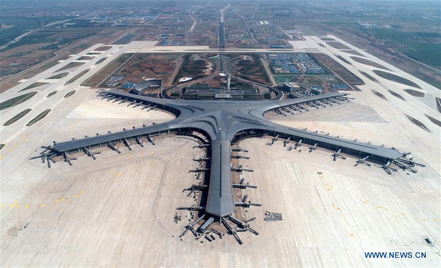 Aerial photo taken on June 12, 2019 shows the Qingdao Jiaodong International Airport under construction in Qingdao, east China\'s Shandong Province. (Xinhua/Li Ziheng)