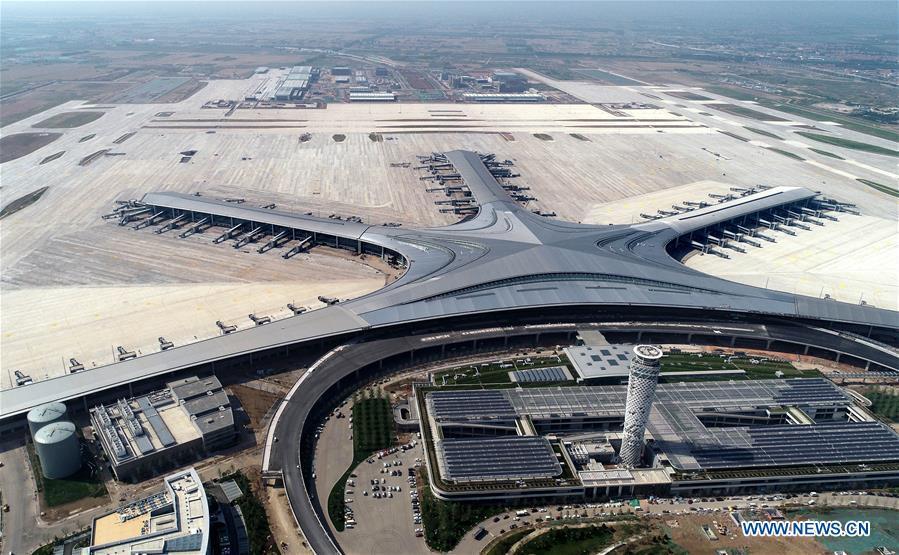Aerial photo taken on June 12, 2019 shows the Qingdao Jiaodong International Airport under construction in Qingdao, east China\'s Shandong Province. (Xinhua/Li Ziheng)
