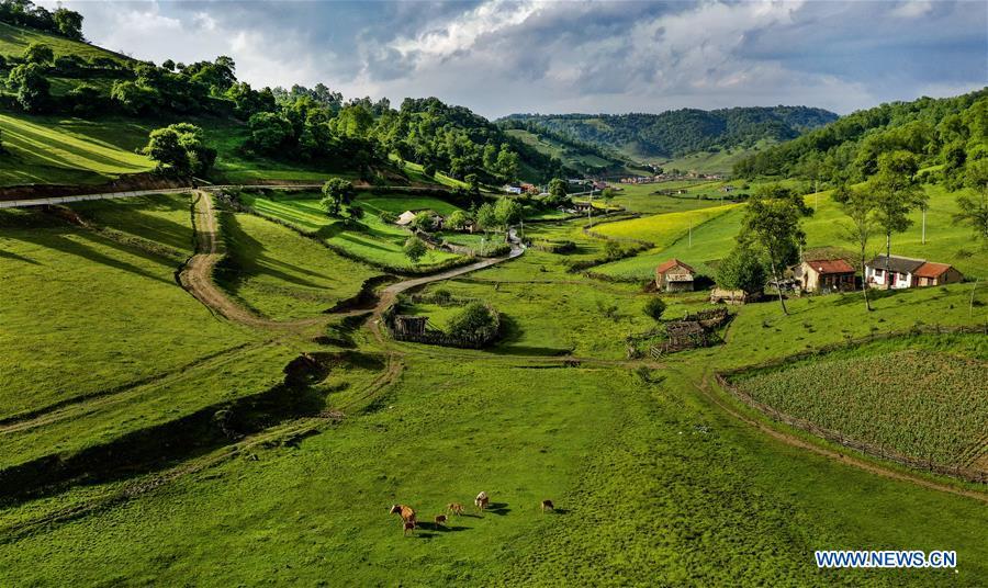 Aerial photo taken on June 12, 2019 shows the view of Guanshan Grassland at Longxian County in Baoji, northwest China\'s Shaanxi Province. (Xinhua/Tao Ming)