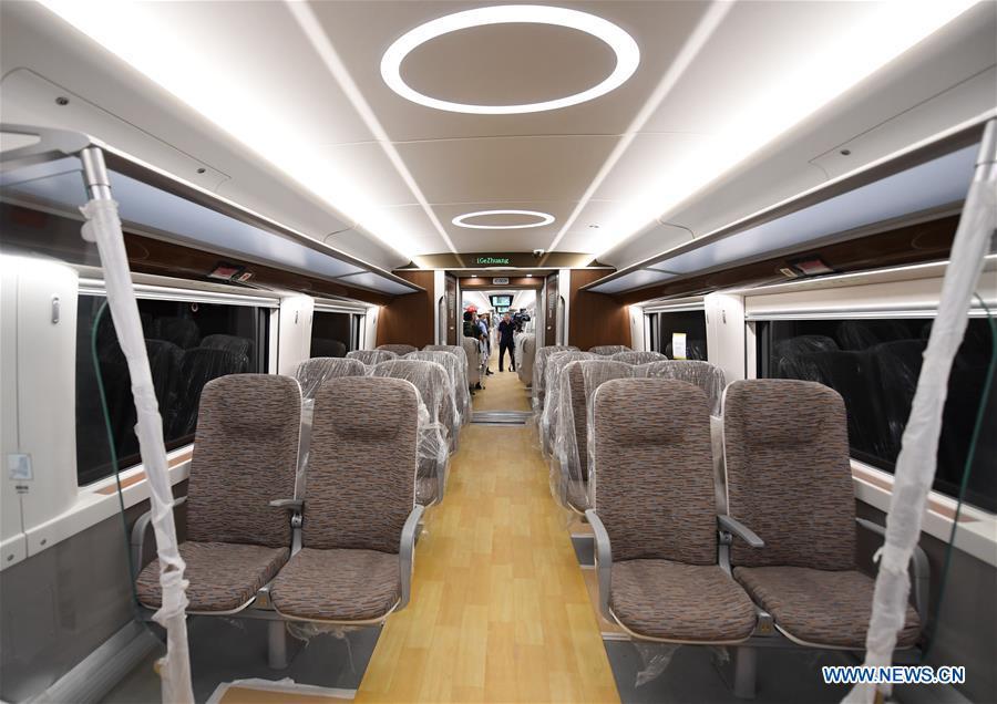 Photo taken on June 15, 2019 shows the inside view of a train of the new airport subway line in Beijing, capital of China. Self-driving trains for the subway line connecting downtown Beijing with its new international airport started trial run Saturday, according to local authorities. Stretching 41.4 kilometers, the new line supports autopilot system and can run at a speed of 160 km per hour, with as many as 448 passengers, according to Beijing Major Projects Construction Headquarters Office. (Xinhua/Zhang Chenlin)