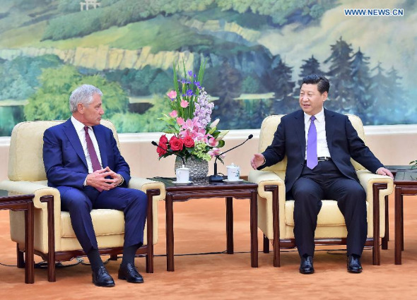 Chinese President Xi Jinping (R) meets with visiting US Defence Secretary Chuck Hagel in Beijing, capital of China, April 9, 2014. (Xinhua/Li Tao) Chinese President Xi Jinping (R) meets with visiting US Defence Secretary Chuck Hagel in Beijing, capital of China, April 9, 2014. (Xinhua/Li Tao)