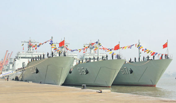 Three vessels, CNS Wuyishan, CNS Culaishan and CNS Wutaishan, are delivered to the East Sea Fleet at an unidentified naval port on Monday. (Photo: China News Service/Zhou Pengcheng) Three vessels, CNS Wuyishan, CNS Culaishan and CNS Wutaishan, are delivered to the East Sea Fleet at an unidentified naval port on Monday. (Photo: China News Service/Zhou Pengcheng)