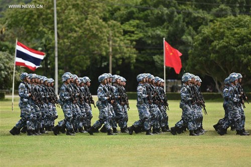 Chinese marines take part in the opening ceremony for a joint military exercise in Sattahip Naval Base, Chon Buri province, Thailand, on May 21, 2016. Thai and Chinese marine corps held an opening ceremony for a joint military exercise codenamed Blue Strike 2016 here on Saturday. (Xinhua/Li Mangmang) Chinese marines take part in the opening ceremony for a joint military exercise in Sattahip Naval Base, Chon Buri province, Thailand, on May 21, 2016. Thai and Chinese marine corps held an opening ceremony for a joint military exercise codenamed Blue Strike 2016 here on Saturday. (Xinhua/Li Mangmang)