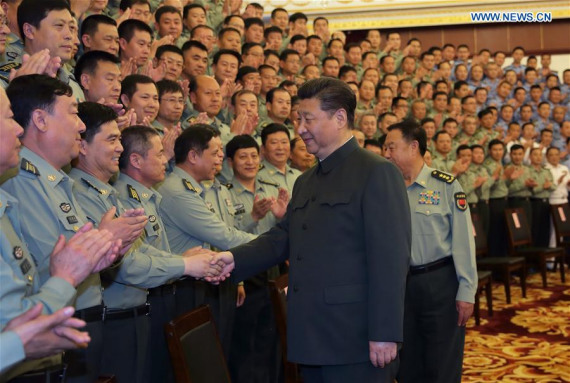 Chinese PresidentXi Jinpingshakes hands with senior military officers stationed in Heilongjiang, in Harbin, capital of northeast China's Heilongjiang Province, May 25, 2016. Xi Jinping, chairman of the Central Military Commission, inspected troops in Heilongjiang on Tuesday and Wednesday. (Photo: Xinhua/Li Gang) Chinese PresidentXi Jinpingshakes hands with senior military officers stationed in Heilongjiang, in Harbin, capital of northeast China's Heilongjiang Province, May 25, 2016. Xi Jinping, chairman of the Central Military Commission, inspected troops in Heilongjiang on Tuesday and Wednesday. (Photo: Xinhua/Li Gang)