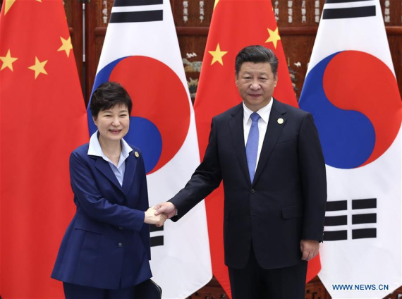 Chinese President Xi Jinping (R) meets with President of the Republic of Korea (ROK) Park Geun-hye, who is here to attend the Group of 20 (G20) summit, in Hangzhou, capital of east China's Zhejiang Province, Sept. 5, 2016. (Xinhua/Pang Xinglei) Chinese President Xi Jinping (R) meets with President of the Republic of Korea (ROK) Park Geun-hye, who is here to attend the Group of 20 (G20) summit, in Hangzhou, capital of east China's Zhejiang Province, Sept. 5, 2016. (Xinhua/Pang Xinglei)