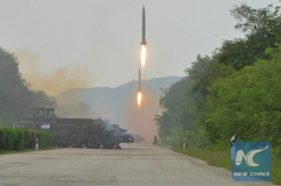 Photo provided by Korean Central News Agency (KCNA) on Sept. 6, 2016 shows a fire drill of ballistic rockets by Hwasong artillery units of the KPA Strategic Force. (Photo: Xinhua/KCNA) Photo provided by Korean Central News Agency (KCNA) on Sept. 6, 2016 shows a fire drill of ballistic rockets by Hwasong artillery units of the KPA Strategic Force. (Photo: Xinhua/KCNA)
