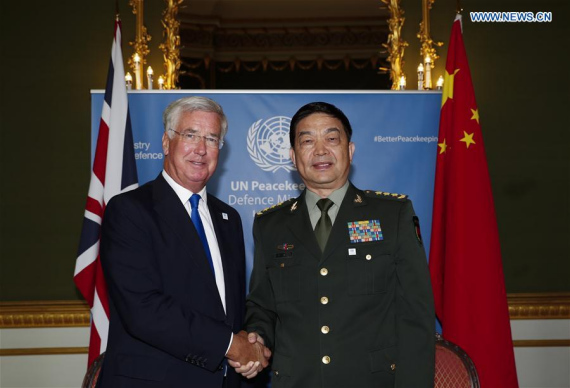 Chinese Defense Minister Chang Wanquan (R) meets with British Secretary of State for Defense Michael Fallon on the sideline of the UN peacekeeping defense ministerial meeting in London, Britain, Sept. 8, 2016. (Photo: Xinhua/Han Yan) Chinese Defense Minister Chang Wanquan (R) meets with British Secretary of State for Defense Michael Fallon on the sideline of the UN peacekeeping defense ministerial meeting in London, Britain, Sept. 8, 2016. (Photo: Xinhua/Han Yan)