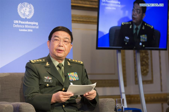 Chinese State Councilor and Defense Minister Chang Wanquan delivers a speech at the UN peacekeeping defense ministerial meeting in London, Britain on Sept. 8, 2016. (Photo/Xinhua) Chinese State Councilor and Defense Minister Chang Wanquan delivers a speech at the UN peacekeeping defense ministerial meeting in London, Britain on Sept. 8, 2016. (Photo/Xinhua)