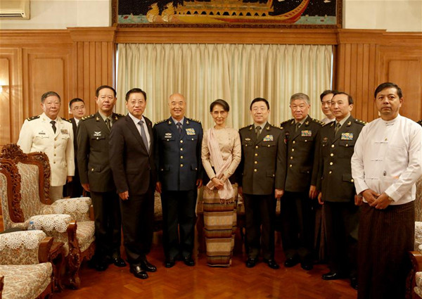 Visiting Vice chairman of China's Central Military Commission Xu Qiliang (5th L) meets with Myanmar State Counselor Aung San Suu Kyi(6th L) in Yangon, Myanmar, Sept. 9, 2016. (Xinhua/U Aung) Visiting Vice chairman of China's Central Military Commission Xu Qiliang (5th L) meets with Myanmar State Counselor Aung San Suu Kyi(6th L) in Yangon, Myanmar, Sept. 9, 2016. (Xinhua/U Aung)