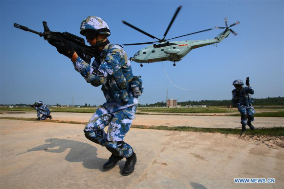 Marines take part in a joint naval drill in Zhanjiang, south China's Guangdong Province, Sept. 13, 2016. China and Russia started Joint Sea 2016 drill off Guangdong Province in the South China Sea on Tuesday. (Photo: Xinhua/Zha Chunming) Marines take part in a joint naval drill in Zhanjiang, south China's Guangdong Province, Sept. 13, 2016. China and Russia started Joint Sea 2016 drill off Guangdong Province in the South China Sea on Tuesday. (Photo: Xinhua/Zha Chunming)