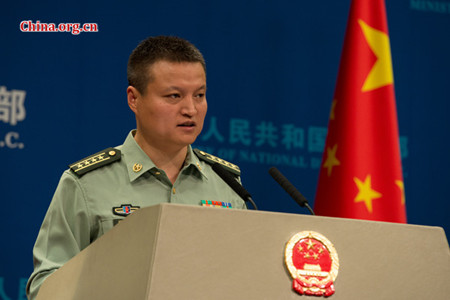Senior Colonel Yang Yujun, spokesperson for China's Ministry of National Defense (MOD), takes questions at a routine press briefing on Thursday. (Photo/China.org.cn) Senior Colonel Yang Yujun, spokesperson for China's Ministry of National Defense (MOD), takes questions at a routine press briefing on Thursday. (Photo/China.org.cn)