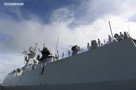 Chinese Navy soldiers stand on the deck of a Chinese naval vessel at the Thilawa port in Yangon, Myanmar, Sept. 30, 2016. A Chinese naval fleet comprising Xiangtan and Zhoushan of the 23rd Escort Task Group called at the Myanmar International Terminals Thilawa (MITT) in Yangon's Thanlyin township Friday, following the completion of its escort mission in the Gulf of Aden. (Xinhua/U Aung) Chinese Navy soldiers stand on the deck of a Chinese naval vessel at the Thilawa port in Yangon, Myanmar, Sept. 30, 2016. A Chinese naval fleet comprising Xiangtan and Zhoushan of the 23rd Escort Task Group called at the Myanmar International Terminals Thilawa (MITT) in Yangon's Thanlyin township Friday, following the completion of its escort mission in the Gulf of Aden. (Xinhua/U Aung)