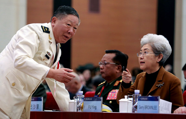 Fu Ying (right), foreign affairs chief of China's top legislature, talks with Guan Youfei, in charge of international military cooperation, on Tuesday at the Xiangshan Forum. (Photo by FENG YONGBIN/CHINA DAILY) Fu Ying (right), foreign affairs chief of China's top legislature, talks with Guan Youfei, in charge of international military cooperation, on Tuesday at the Xiangshan Forum. (Photo by FENG YONGBIN/CHINA DAILY)