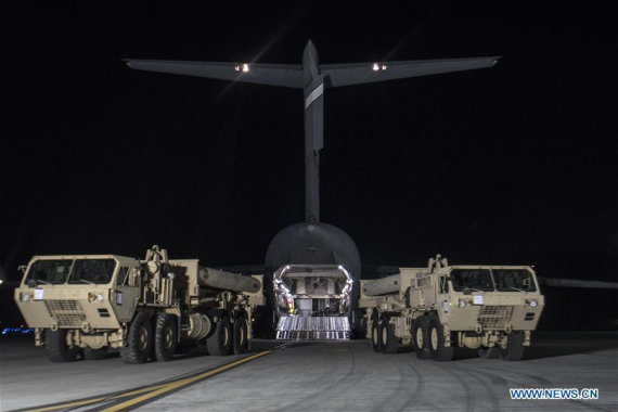 Photo taken on March 6, 2017 shows a part of equipments for Terminal High Altitude Area Defense (THAAD) arriving in the Osan Air Base, about 70 km south of the capital Seoul, South Korea. The photo was provided by the U.S. Forces Korea (USFK). (Xinhua/USFK) Photo taken on March 6, 2017 shows a part of equipments for Terminal High Altitude Area Defense (THAAD) arriving in the Osan Air Base, about 70 km south of the capital Seoul, South Korea. The photo was provided by the U.S. Forces Korea (USFK). (Xinhua/USFK)