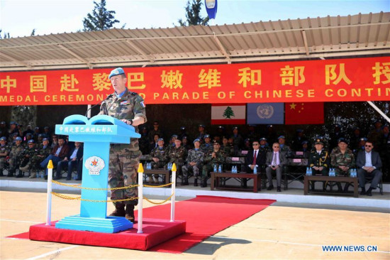 Pierre Liot de Nortbecourt, the chief staff of the United Nations Interim Force in Lebanon (UNIFIL), addresses a medal parade ceremony in honor of the Chinese contingent at the Chinese troops' camp in Hinniyah village in southern Lebanon, on March 8, 2017. (Xinhua) Pierre Liot de Nortbecourt, the chief staff of the United Nations Interim Force in Lebanon (UNIFIL), addresses a medal parade ceremony in honor of the Chinese contingent at the Chinese troops' camp in Hinniyah village in southern Lebanon, on March 8, 2017. (Xinhua)