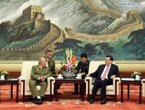 Zhang Dejiang (R, front), chairman of the National People's Congress (NPC) Standing Committee, meets with Cuban Minister of the Revolutionary Armed Forces Leopoldo Cintra Frias (L, front) in Beijing, capital of China, March 30, 2017. (Xinhua/Liu Weibing) Zhang Dejiang (R, front), chairman of the National People's Congress (NPC) Standing Committee, meets with Cuban Minister of the Revolutionary Armed Forces Leopoldo Cintra Frias (L, front) in Beijing, capital of China, March 30, 2017. (Xinhua/Liu Weibing)