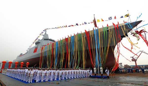 A launch ceremony for China's new-generation guided-missile destroyer is held in Shanghai on Wednesday.PU HAIYANG / FOR CHINA DAILY A launch ceremony for China's new-generation guided-missile destroyer is held in Shanghai on Wednesday.PU HAIYANG / FOR CHINA DAILY