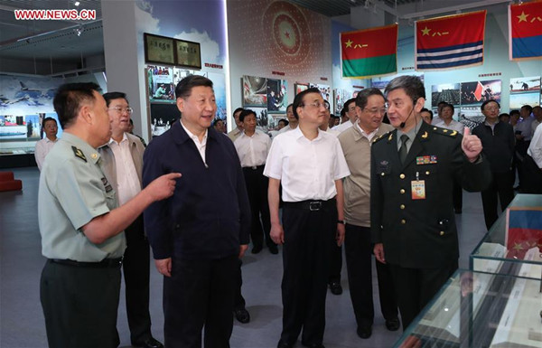 Chinese President Xi Jinping and other top Chinese leaders visit a major exhibition marking the 90th anniversary of the founding of the People's Liberation Army (PLA) at the Military Museum of the Chinese People's Revolution in Beijing, capital of China, July 21, 2017. Senior leaders Li Keqiang, Zhang Dejiang, Yu Zhengsheng, Liu Yunshan, Wang Qishan and Zhang Gaoli, also visited the exhibition. (Xinhua/Ma Zhancheng) Chinese President Xi Jinping and other top Chinese leaders visit a major exhibition marking the 90th anniversary of the founding of the People's Liberation Army (PLA) at the Military Museum of the Chinese People's Revolution in Beijing, capital of China, July 21, 2017. Senior leaders Li Keqiang, Zhang Dejiang, Yu Zhengsheng, Liu Yunshan, Wang Qishan and Zhang Gaoli, also visited the exhibition. (Xinhua/Ma Zhancheng)