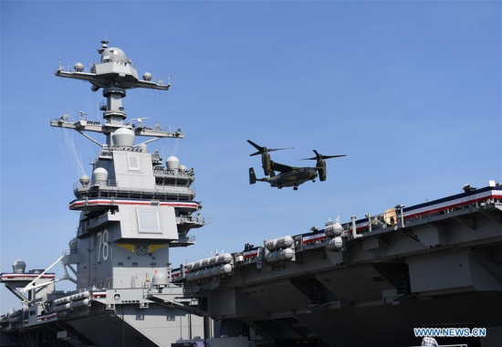 A U.S. Marines MV-22B Osprey lands on USS Gerald R. Ford for its commissioning ceremony at Naval Station Norfolk, Virginia, the United States, on July 22, 2017. (Xinhua/Yin Bogu) A U.S. Marines MV-22B Osprey lands on USS Gerald R. Ford for its commissioning ceremony at Naval Station Norfolk, Virginia, the United States, on July 22, 2017. (Xinhua/Yin Bogu)