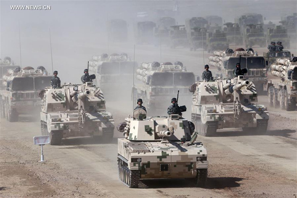 Photo taken on July 30, 2017 shows a formation of self-propelled artillery guns during a military parade at Zhurihe training base in north China's Inner Mongolia Autonomous Region. (Xinhua/Fei Maohua) Photo taken on July 30, 2017 shows a formation of self-propelled artillery guns during a military parade at Zhurihe training base in north China's Inner Mongolia Autonomous Region. (Xinhua/Fei Maohua)